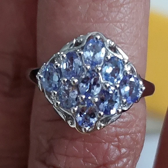 Tanzanite Cluster Ring Platinum Over Sterling Silver Size 6 - Picture 7 of 10